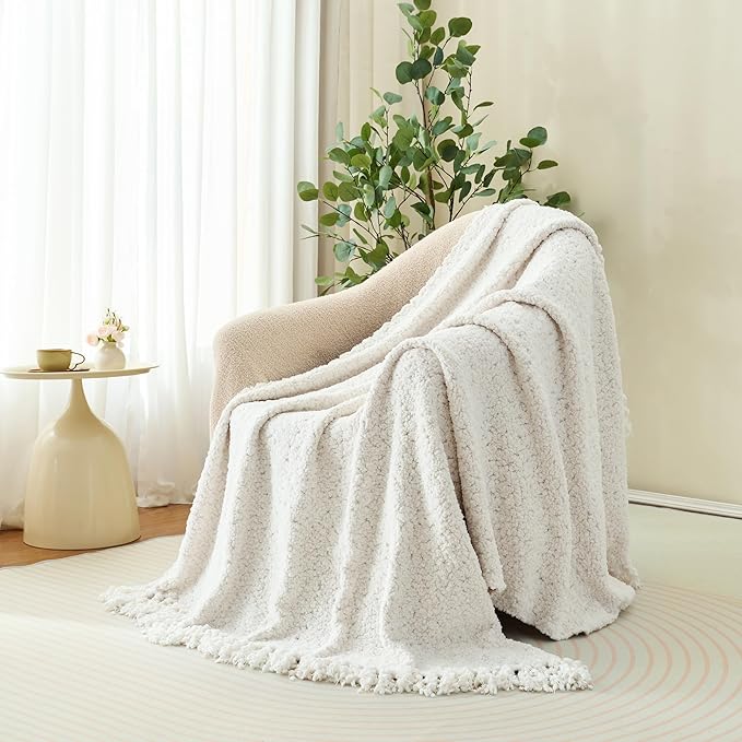 Throw Blanket for Couch, White Luxury Knitted Throws 60"x80", Textured Blankets with Handmade Fringe Tassels for Bed Sofa Decorative, Chunky Soft Farmhouse Boho Home Decor