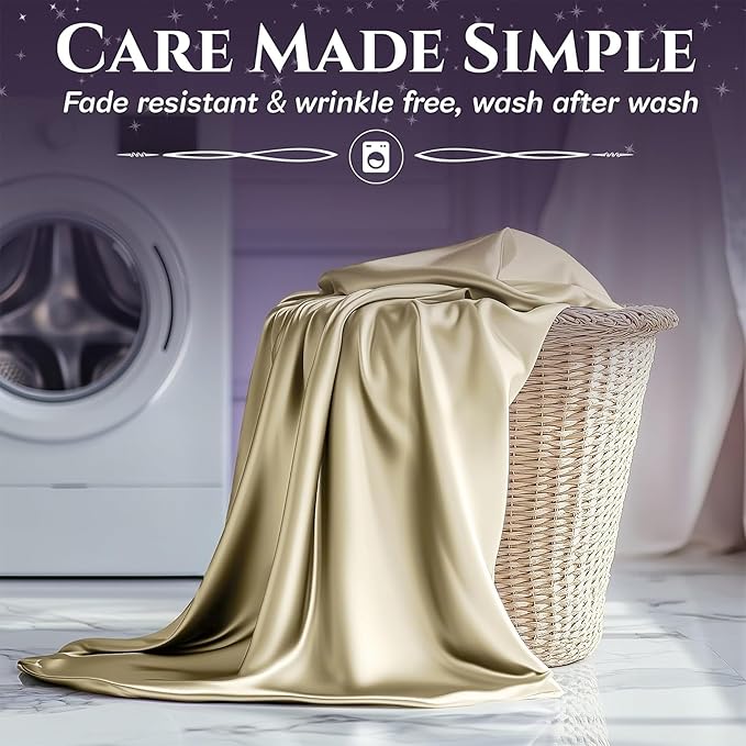 SLEEP SANCTUARY Satin Sheets Queen Size – 4 Piece Luxury Silky Bed Set, Softer Than Silk, 15" Deep Pocket, Cooling & Wrinkle-Free, Moisture-Wicking & Breathable for Hair & Skin (Champagne)