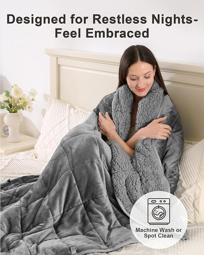 Weighted Blanket 15lbs for Adults, Ultra-Soft Sherpa Fleece Reversible Weighted Throw Blanket for Relaxation & Cozy Evenings, Sleep in A Hug, Evenly Distributed, W60 x L80, Grey