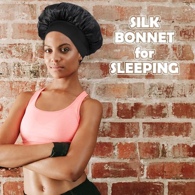 ZHENSILK 4Pcs Silk Bonnet for Sleeping, Satin Hair Bonnets, Soft Elastic Band Silk Sleep Cap, Hair Wrap for Women(Black Wine Red Purple Gold)