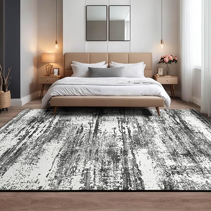 Modern Abstract Rug 8x10 Washable Area Rug for Living Room, Large Living Room Rug for Bedroom Non-Slip Low Pile Soft Faux Wool Indoor Carpet for Dining Room Playroom Kids Room Office Home Decor, Black