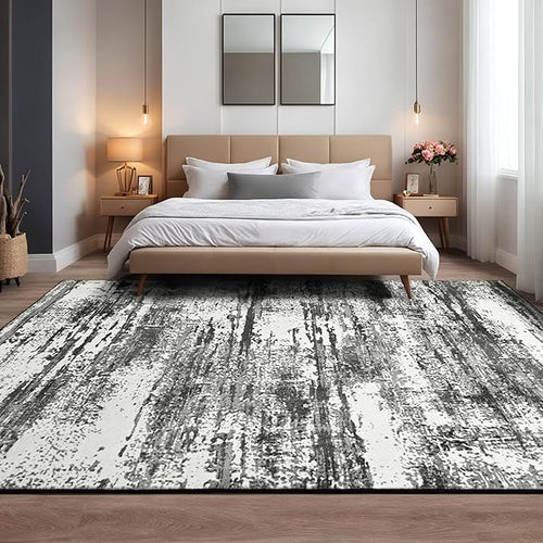 Area Rug 5x7 Washable Living Room Rug Abstract Print Non-Slip Low Pile Soft Faux Wool Carpet Rugs for Bedroom Kitchen Dining Room Playroom Kids Room Dorm Office Farmhouse Home Decor (Black and Grey)