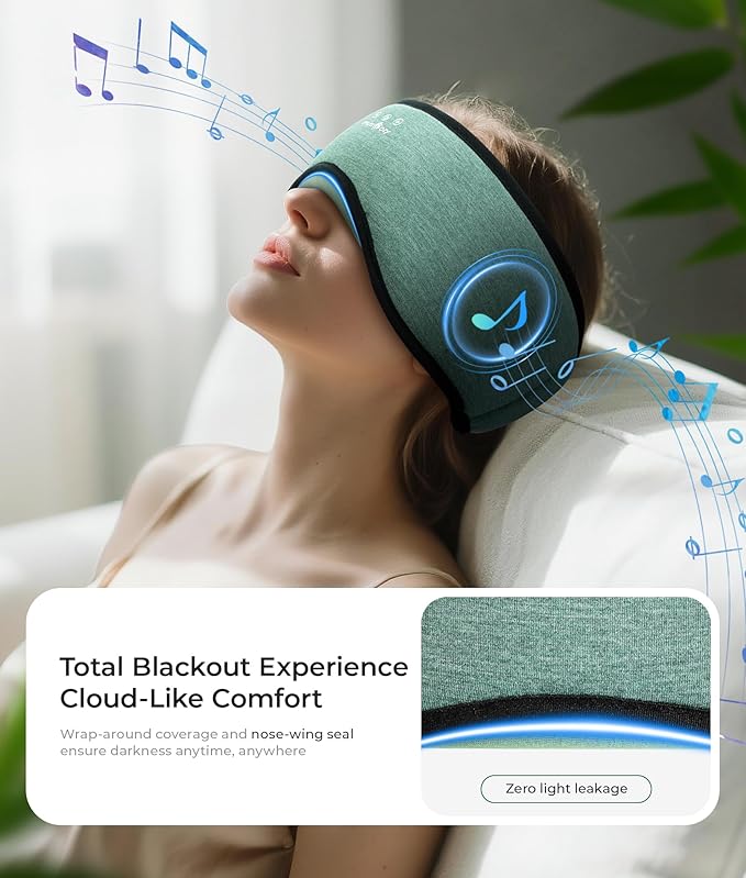 MUSICOZY Sleep Headphones Bluetooth 5.4, Bamboo Cotton Full Coverage Headphones Headband for Side Sleepers, Wireless Earphones with Speaker Sleep Music Earbuds for Men Women (Dark Green)
