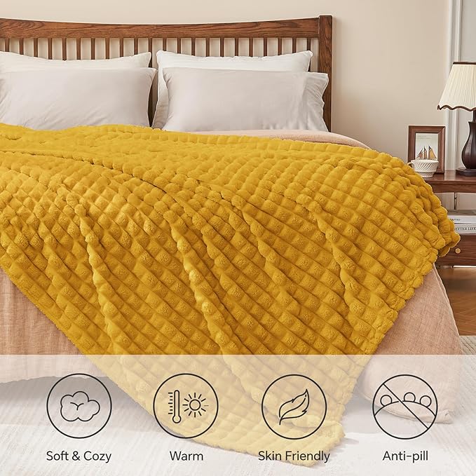 BEDELITE Mustard Yellow Throw Blanket Twin Size for Bed- Super Soft and Warm 3D Checkered Fluffy Fuzzy Fleece Blanket, Luxurious Plush Cozy Blanket for Room Decor Fall and Winter, 60x80 inches