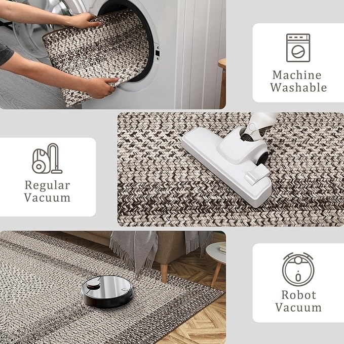 Runner Rug 2x8 Machine Washable Hallway Runner Rug Entryway Long Runner Carpet Braided Printed Throw Mat Non Slip Kitchen Mat Living Room Rustic Carpet for Bedroom Dining Room, Mocha