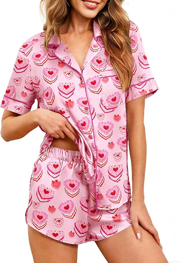Ekouaer Womens Silk Satin Pajamas Set Short Sleeve Sleepwear Button Down Loungewear 2 Piece Pjs Shorts Set S-5X Plus Size