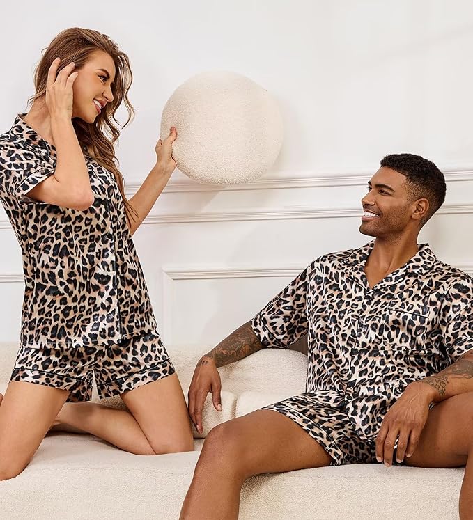 SWOMOG Satin Matching Pajamas Sets Couple Silk Button Down Nightwear Women & Men Short Sleeve Sleepwear 2 Pieces Loungewear