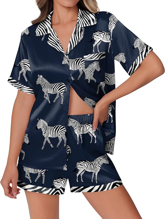 Ekouaer Womens Silk Satin Pajamas Set Animals Print Pjs Button Down Short Sleeve Lounge Set 2 Piece Sleepwear