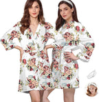 WJing Yi Jia 2Pcs Womens Floral Kimono Robe Silk Robes Bride Bridesmaid Satin Robes Bridal Dressing Gown Silky Bathrobe