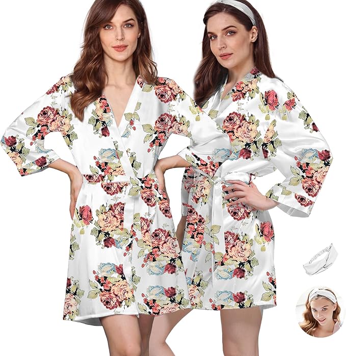 WJing Yi Jia 2Pcs Womens Floral Kimono Robe Silk Robes Bride Bridesmaid Satin Robes Bridal Dressing Gown Silky Bathrobe
