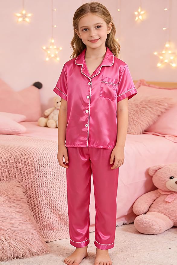 Hupohoi Unisex Girls Boys Kids Pajama Sets Button Down Satin Sleepwear Nighty 3PCS Silky Lounge Sets Nightwear