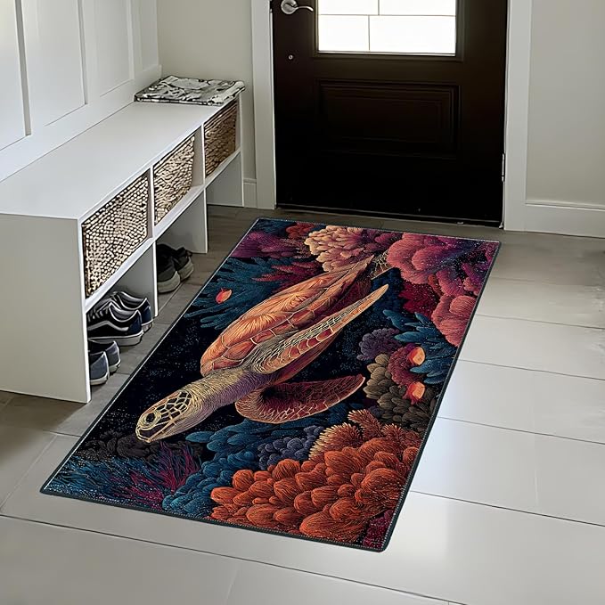 Turtle Area Rug 2x3 ft Entry Rug Washable Boho Rugs Non Slip Low Pile Floral Door Mat Small Carpet for Bedroom, Bedside, Kids Room, Office, Dining Room