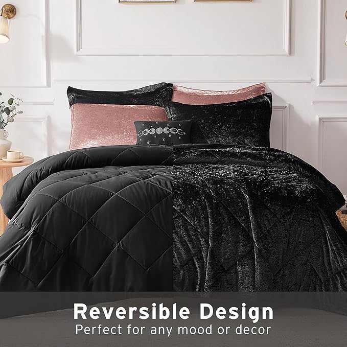 Intelligent Design King Comforter Set, Velvet Comforter Set , Luxury Diamond Quilting Comforter Set, Fluffy Comforter Bed Set with Decorative Pillowand 2 Shams, 4 Piece Black, King/ Cal King
