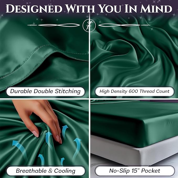 SLEEP SANCTUARY Satin Sheets King Size – 4 Piece Luxury Silky Bed Set, Softer Than Silk, 15" Deep Pocket, Cooling & Wrinkle-Free, Moisture-Wicking & Breathable for Hair & Skin (Dark Green)