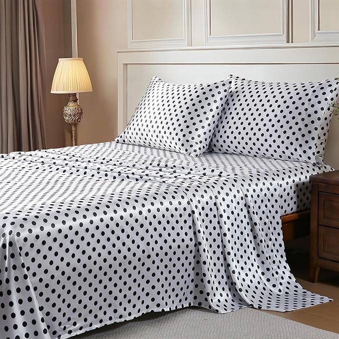 MR&HM Satin Bed Sheets with Elastic Corner Straps, King Size Sheets Set, 4 Pcs Silky Bedding Set with 15 Inches Deep Pocket for Mattress (King, Polka Dot)