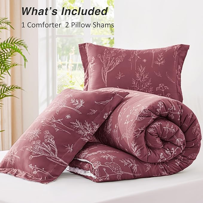 Love's cabin Vintage Rose Full Comforter Set - Full Size Comforter Set, 3 Pieces Cute Floral Bedding Sets for All Seasons,1 Soft Reversible Botanical Flowers Comforter and 2 Pillow Shams