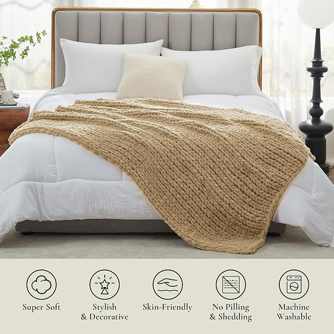 Amélie Home Chunky Knit Throw Blanket for Couch, Soft Chenille Handmade Crochet Throw Rope Knot Blanket for Couch, 50"x60", Beige