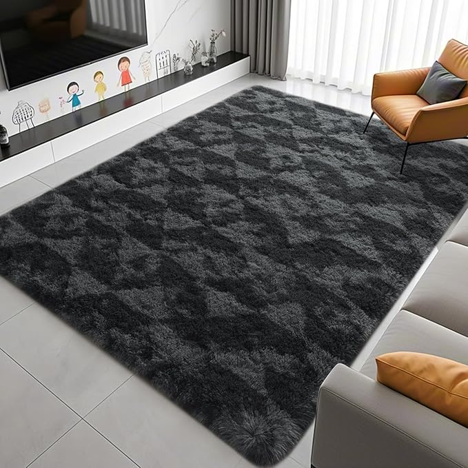 ISEAU 6x9 Area Rug for Living Room, Dark Grey Geometric Pattern Plush Rug for Bedroom, Kitchen, Soft Shaggy Carpets, Fluffy and Machine Washable Mats, Nursery Floors Mat, Boys Room Carpet Decor