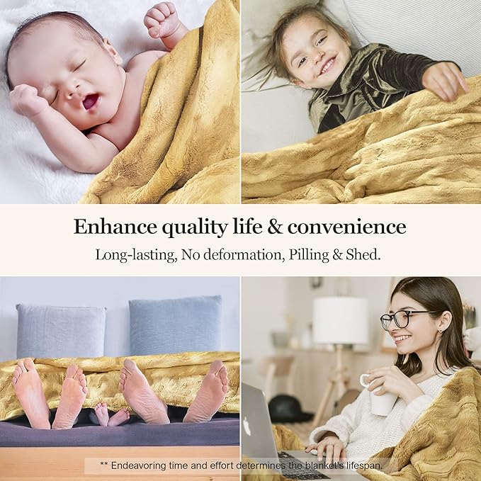 MHD l [Made in Korea] Premium Faux Fur Throw Blanket :Luxury Double-Sided 15mm Microfiber Blanket, 800 GSM :Beige, 60" x 79"