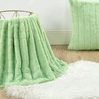 Striped Throw Blanket and Pillow Covers Set (No Inserts) for Couch and Bed, Plush Warm Lightweight Fuzzy Faux Fur Blanket for All Seasons (50" x 60", Light Green)