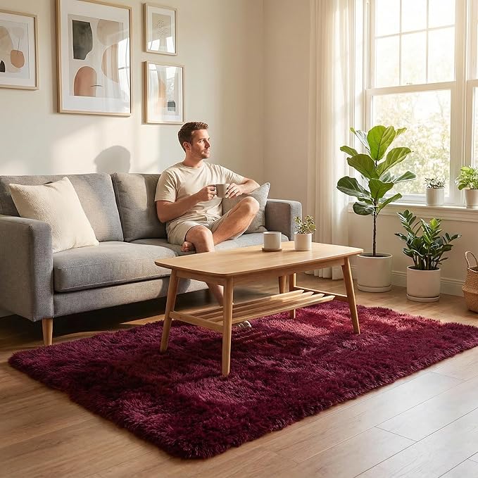 duduta Burgundy Plush Rugs for Bedroom 4x6 ft, Fluffy Carpet for Living Room, Shag Rug for Kids Room Dorm Nursery Playroom