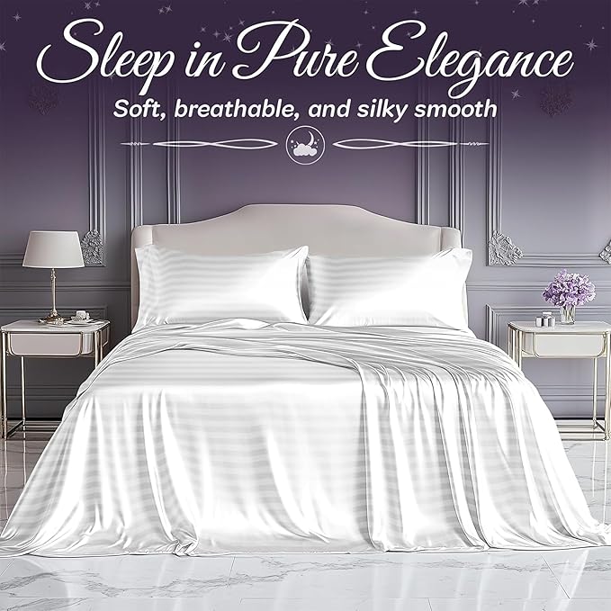 SLEEP SANCTUARY Satin Sheets Queen Size – 4 Piece Luxury Silky Bed Set, Softer Than Silk, 15" Deep Pocket, Cooling & Wrinkle-Free, Moisture-Wicking & Breathable for Hair & Skin (Striped White)
