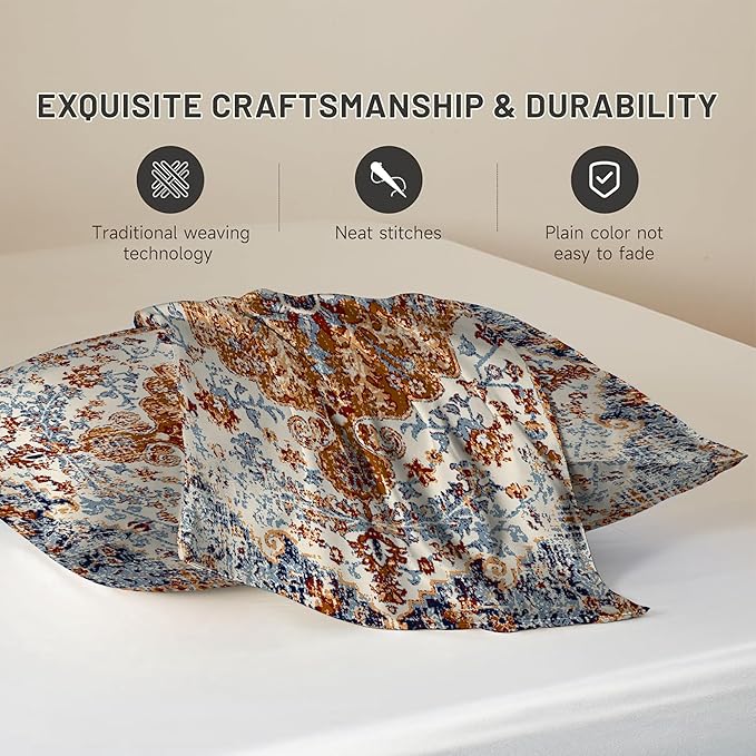1 Pack Satin Pillowcase for Hair and Skin Vintage Boho Carpet Imitation Silk Pillowcase with Hidden Zipper Soft Breathable Smooth Cooling Pillow Cover Standard Size for Bedroom Sofa 20”x26”