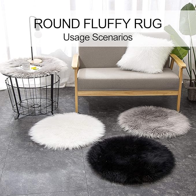 Grey Round Rugs for Bedroom, Fluffy Circle Rug 2 2 Feet for Kids Room, Furry Carpet for Teen Girls Room, Non-Slip Shaggy Circular Rug Plush Rug