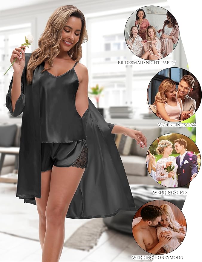 EPLAZA 3 Pcs Silk Pajamas for Women Satin Pajama Set Sexy Lace V-neck Cami Top Shorts Pjs Set with Robe Sleepwear