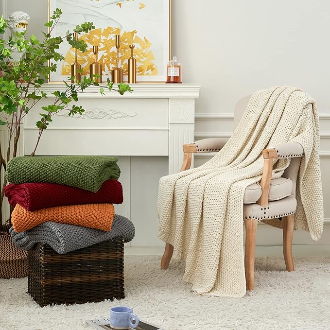 Chunky Cable Knit Throw Blanket Lightweight Olive Green 100% Organic Cotton Blanket for Sofa Couch Bed Baby Nursery, Rustic Shabby Chic Modern Farmhouse, 60” x 80” Give Laundering Bag