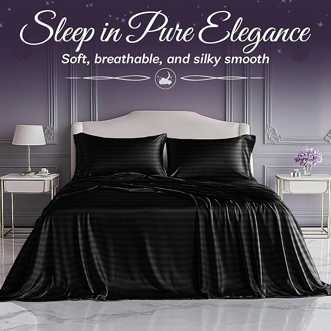 SLEEP SANCTUARY Satin Sheets King Size – 4 Piece Luxury Silky Bed Set, Softer Than Silk, 15" Deep Pocket, Cooling & Wrinkle-Free, Moisture-Wicking & Breathable for Hair & Skin (Striped Black)