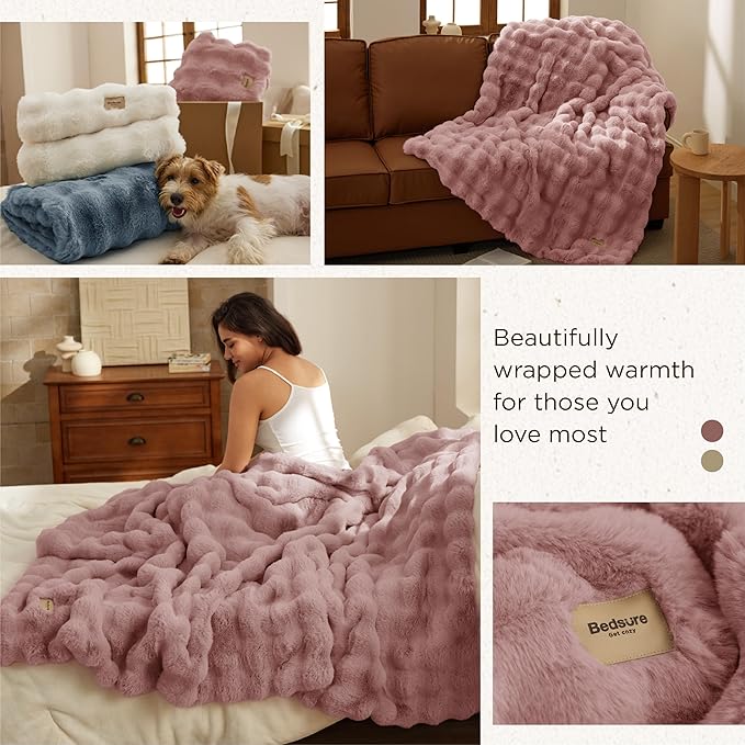 Bedsure GentleSoft Fluffy Fuzzy Dusty Rose Throw Blanket, Soft Cozy Fleece Faux Fur Blanket for Couch, Mauve Dusty Pink Room Decor Minky Velvet Bed Cover, Thick Warm Plush Shaggy Women Birthday Gifts