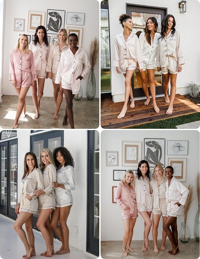 Ekouaer Satin Pajama Set for Women Button Down Pj Set Long Sleeve Top and Shorts 2 Piece Loungewear Summer Soft Sleepwear