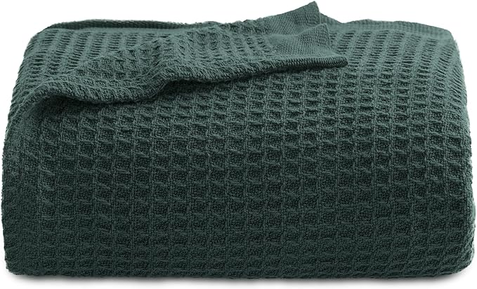 Bedsure Gentlesoft 100% Cotton Throw Blanket for Couch 50x70 inches - Breathable and Soft for Spring Summer, Waffle Weave Throw Blanket for Office, Dark Green