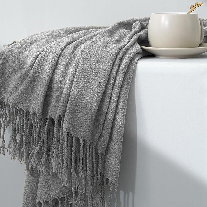 Chenille Throw Blanket for Couch with Tassels,55"X75" Soft Lightweight Knitted Boho Decorative Blankets for Bed and Sofa,Light Grey