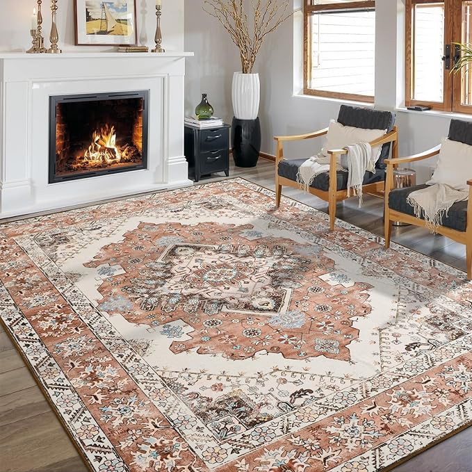 CRYPTOLITE Living Room Rug 7x10, Machine Washable Area Rug Non Slip Low Pile Rug for Living Room, Bedroom, Farmhouse, Dining Room, Orange