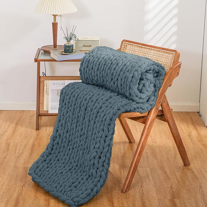 YAAPSU Chunky Knit Throw Blanket for Couch, 51"x63", 100% Hand Knitted Thick Cable Knit with Cozy Jumbo Chenille Yarn, Soft Large Rope Knot Crochet Blankets for Sofa Bed Living Room Décor, BlueSpruce