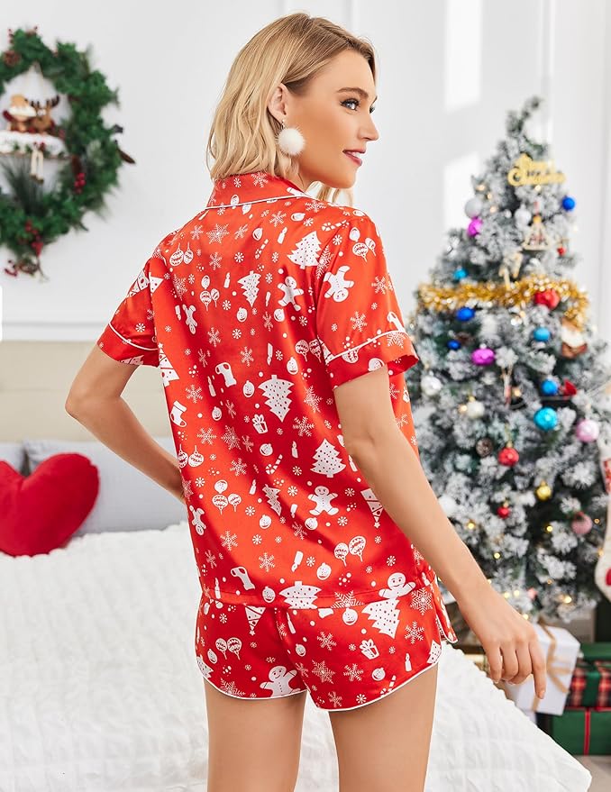 Ekouaer Womens Silk Satin Pajamas Set Short Sleeve Sleepwear Button Down Loungewear 2 Piece Pjs Shorts Set S-5X Plus Size
