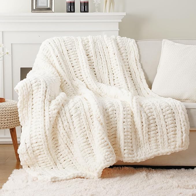 Battilo Cream Chunky Knit Throw Blanket for Couch, Super Soft Chenille Throw Blanket Cozy Warm Thick Ivory White Cable Knitted Blanket for Sofa, Bed, Living Room, 50"x60"