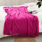 Homiest Decorative Knitted Throw with Fringe, Lightweight Acrylic Knit Blanket, Soft & Cozy Tassel for Couch Sofa Bed (Dark Pink, 50 x 60 Inch)