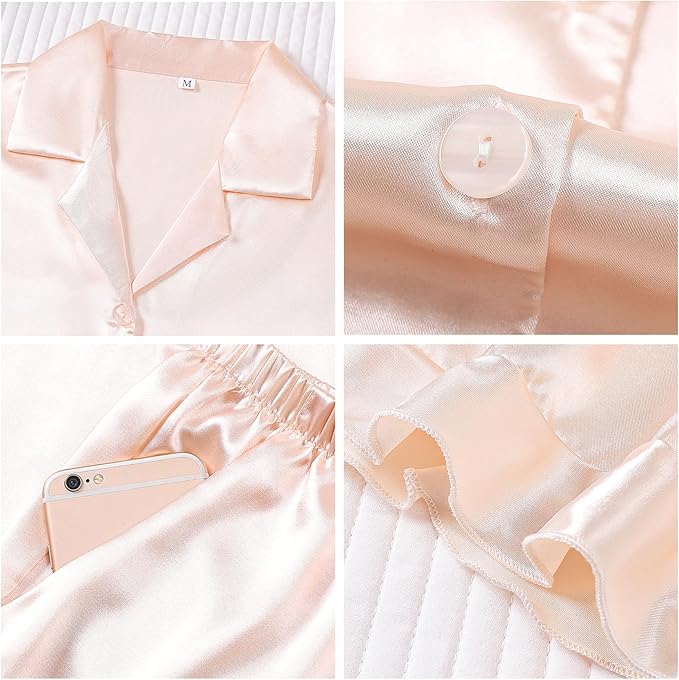 Satin Pajamas Set For Women 2Pcs Ruffled Silk Pj Button Down Pajama Sleepwear Loungewear Summer Nightwear