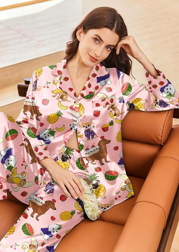 Ekouaer Silk Pajamas for Women Long Sleeve Satin Pajama Set Silky Pj Sets 2 Piece Button Down Loungewear Sleepwear