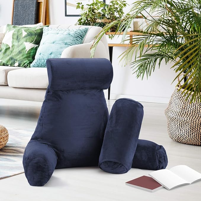 Clara Clark Reading Pillow with Shredded Memory Foam Includes 2 Neck and Lumber Support Pillows, Designed for Sitting Up in Bed and Couch, Back and Arms Adjustable Support for Adults & Teens Navy Blue