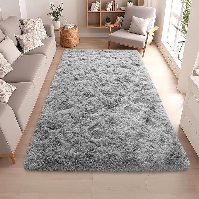 Grey Rugs for Bedroom 5x7 ft - Ultra Soft Faux Fur Area Rug - Plush Non-Slip Shaggy Carpet for Living Room, Cozy Fluffy Rug for Kids Boys Girls Dorm Nursery Room, High Pile Floor Carpet