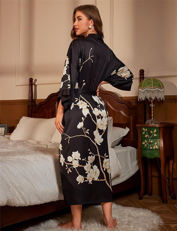 Kihnop Women's Floral Long Kimono Robe Long Satin Robe Long Silk Robe Ladies Kimonos Silky Bathrobe Cover Up, One Size