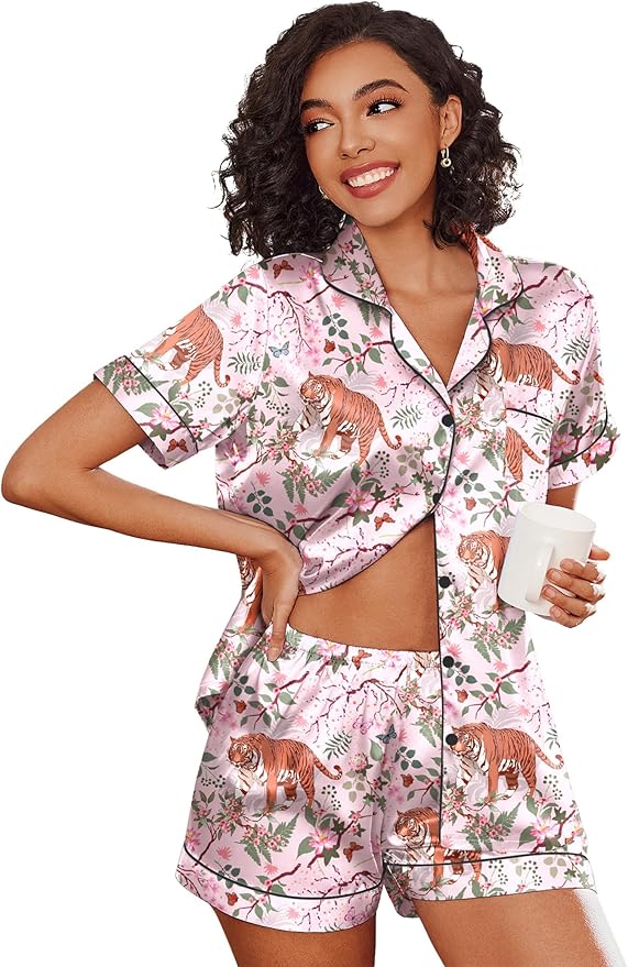 Ekouaer Womens Silk Satin Pajama Sets Soft Short Sleeve Button Down Sleepwear Top and Shorts 2 Piece Pjs Lounge Set