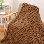 YAAPSU Chunky Knit Throw Blanket for Couch, 51"x63", 100% Hand Knitted Thick Cable Knit with Cozy Jumbo Chenille Yarn, Soft Large Rope Knot Crochet Blankets for Sofa Bed Living Room Décor, Caramel