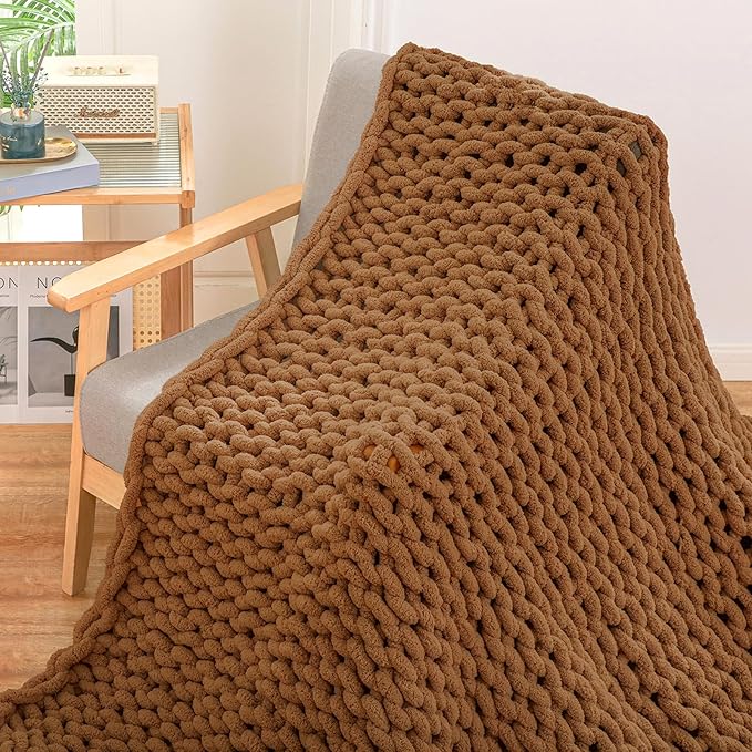 YAAPSU Chunky Knit Throw Blanket for Couch, 51"x63", 100% Hand Knitted Thick Cable Knit with Cozy Jumbo Chenille Yarn, Soft Large Rope Knot Crochet Blankets for Sofa Bed Living Room Décor, Caramel