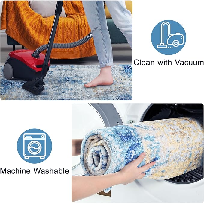 Area Rug 5x7 Washable Rugs Modern Abstract Area Rug Soft Non-Slip Non-Shedding Faux Wool Stain Resistant Floor Carpets for Living Room Bedroom Dining Room Kids Room Home Office (Blue, Ivory)