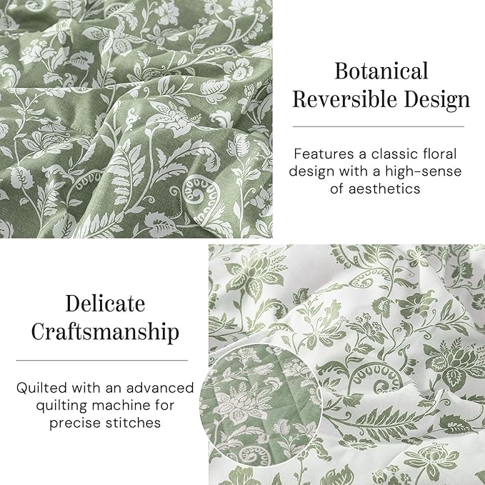 BLOOMHAVEN Quilt Set Twin Size, Green Floral Quilt Sets, Reversible Bedspread Lightweight and Breathable for All Seasons, Soft Quilted Bedspread with 1 Pillow Sham